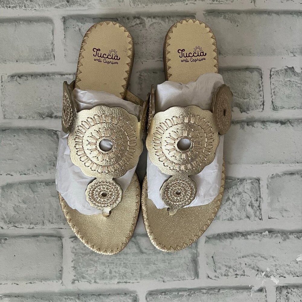 Tuccia Di Capri Gold Sun Stitch Sandals- Size 38- New w/ dustbag! Retail: $195!